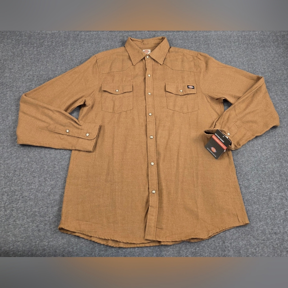 Dickies Flannel Shirt Mens LT Brown Long Sleeve Button Up Solid Snap Pockets NWT